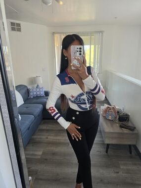 Women 's White & Blue Graphic Zip - Front Tshirt